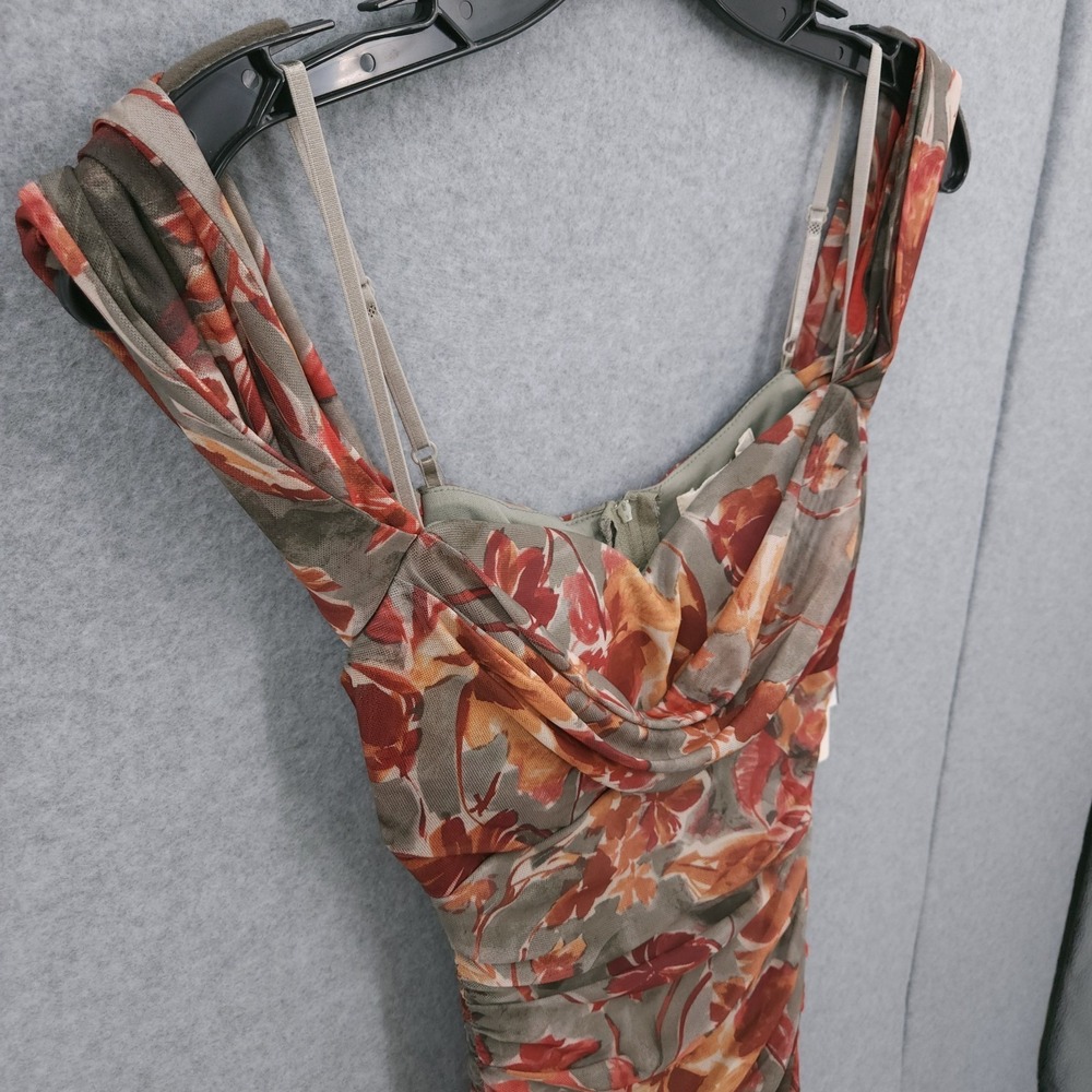 Katia Rae Printed Floral Off Shoulder Ruched Mesh Midi Dress Olive Cowlneck XS - Picture 5 of 10